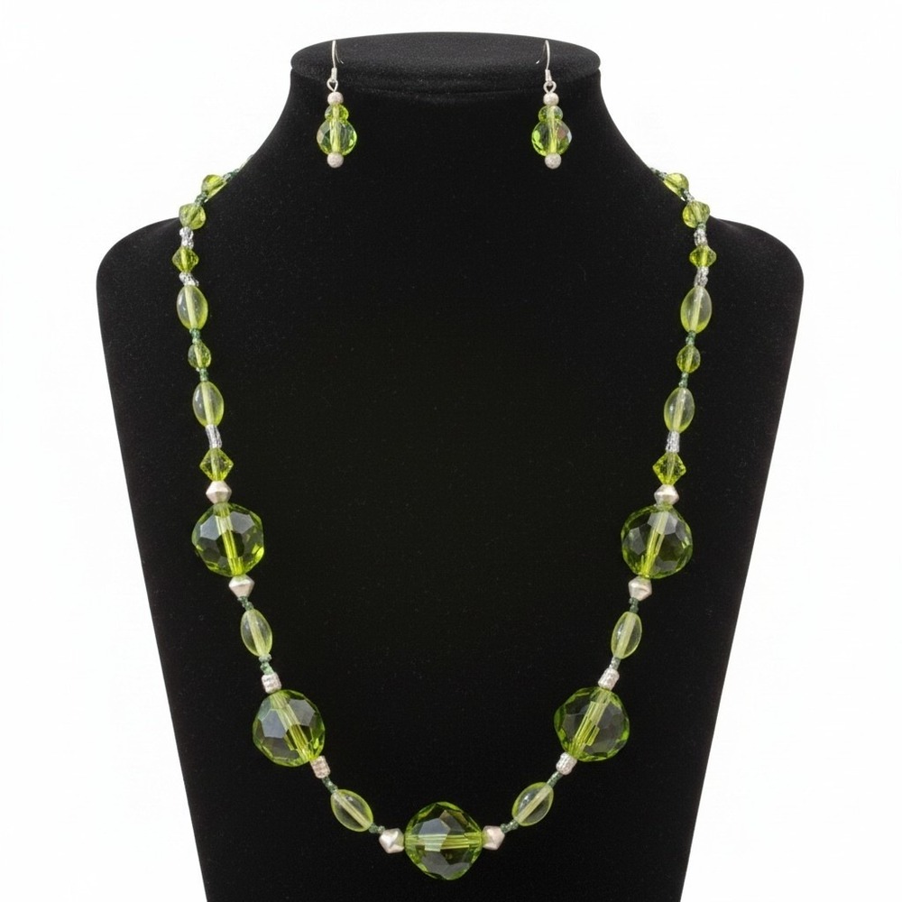 Green Glass Beaded Necklace and Earrings Set | Olive Lime Statement Jewelry